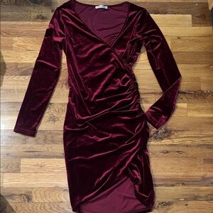 Luxurious Velvet Long Sleeve Dress in Deep Burgundy